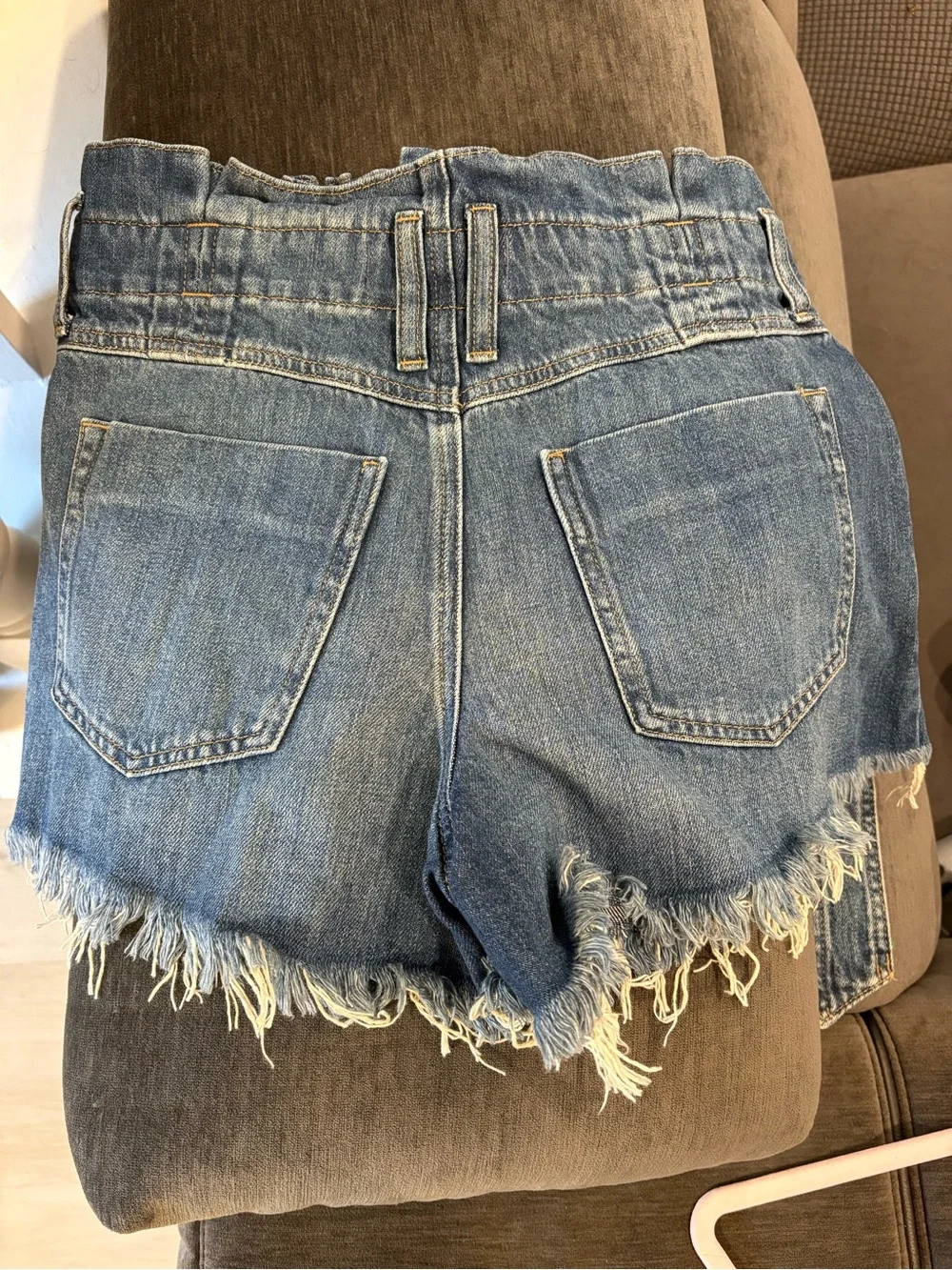 Free People High-Waist Paperbag Denim Shorts with Frayed Hem - Blue. XS